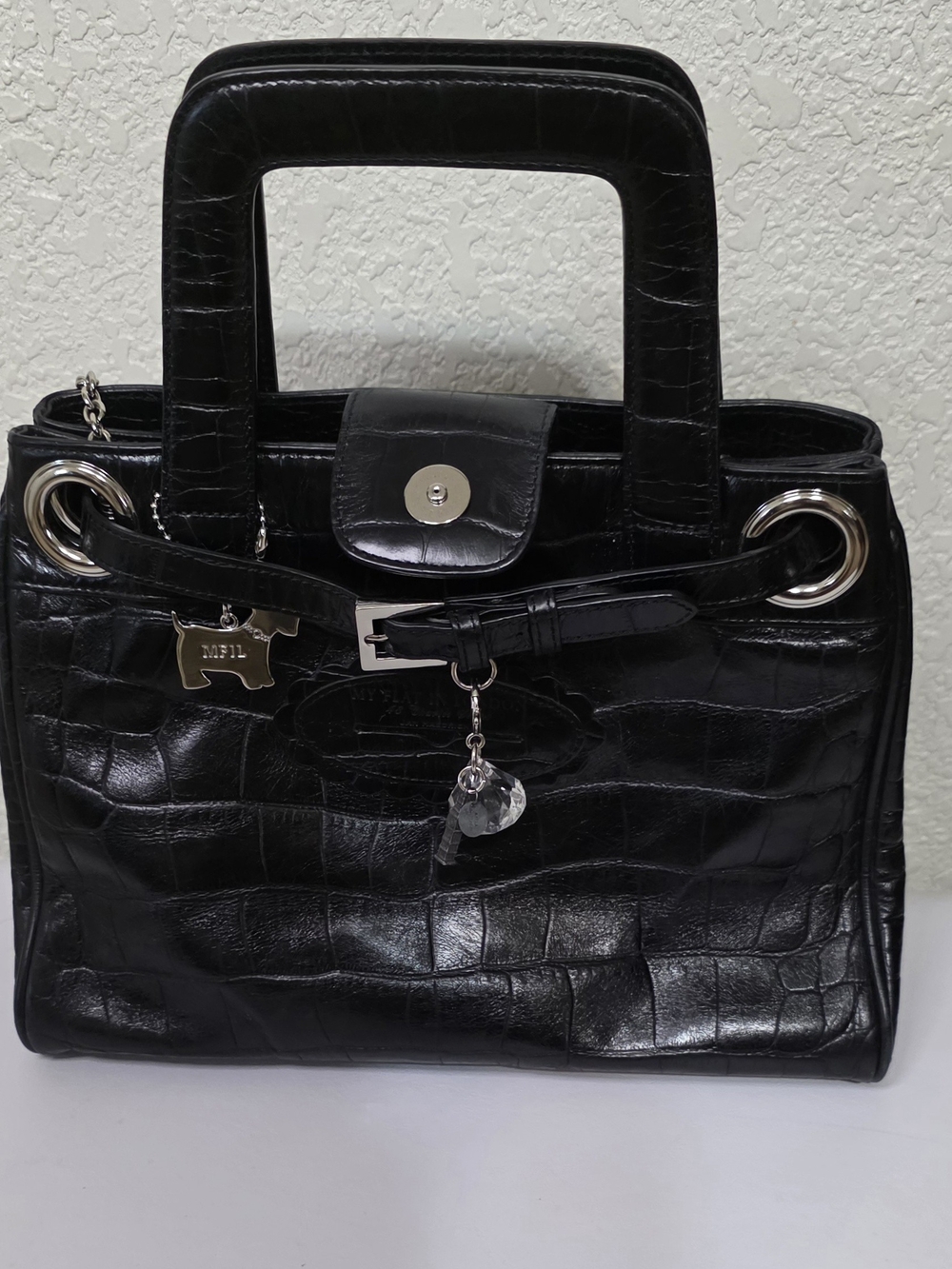 My Flat in London Black Croc-Embossed Mini Top-Handle Bag